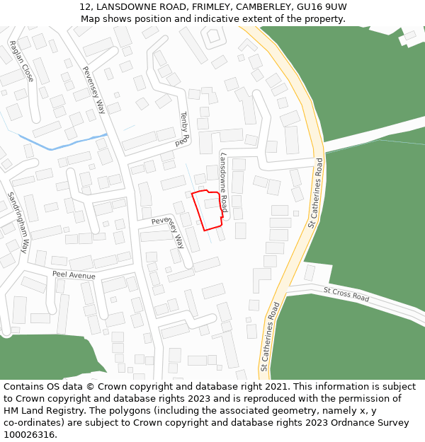 12, LANSDOWNE ROAD, FRIMLEY, CAMBERLEY, GU16 9UW: Location map and indicative extent of plot