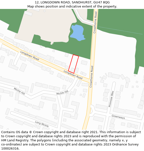12, LONGDOWN ROAD, SANDHURST, GU47 8QG: Location map and indicative extent of plot
