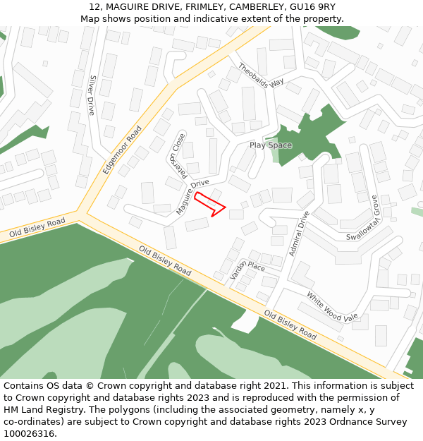 12, MAGUIRE DRIVE, FRIMLEY, CAMBERLEY, GU16 9RY: Location map and indicative extent of plot