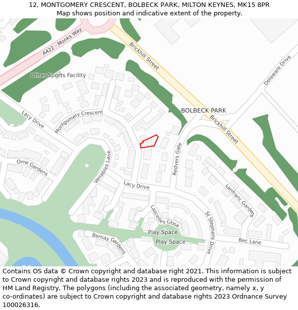 12, MONTGOMERY CRESCENT, BOLBECK PARK, MILTON KEYNES, MK15 8PR: Location map and indicative extent of plot