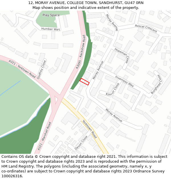 12, MORAY AVENUE, COLLEGE TOWN, SANDHURST, GU47 0RN: Location map and indicative extent of plot