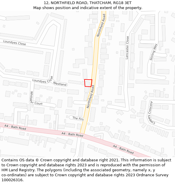 12, NORTHFIELD ROAD, THATCHAM, RG18 3ET: Location map and indicative extent of plot