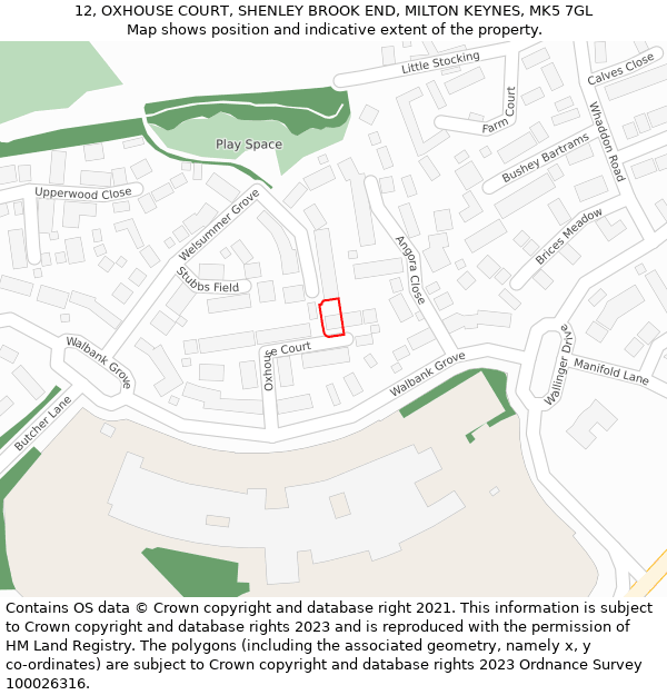 12, OXHOUSE COURT, SHENLEY BROOK END, MILTON KEYNES, MK5 7GL: Location map and indicative extent of plot