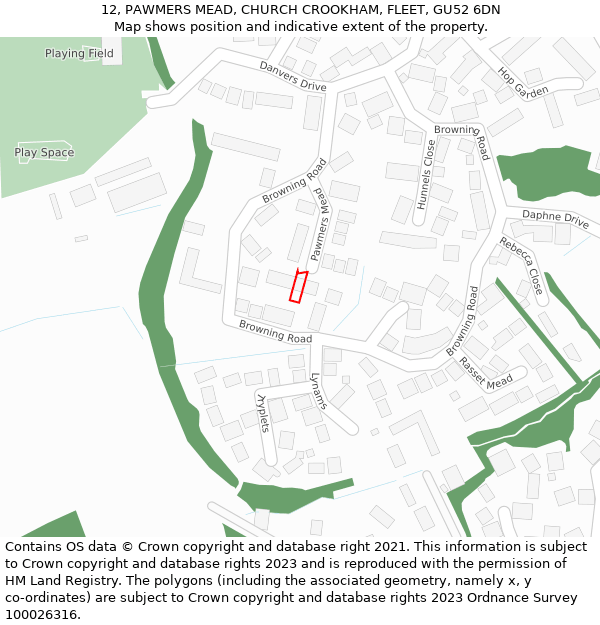 12, PAWMERS MEAD, CHURCH CROOKHAM, FLEET, GU52 6DN: Location map and indicative extent of plot