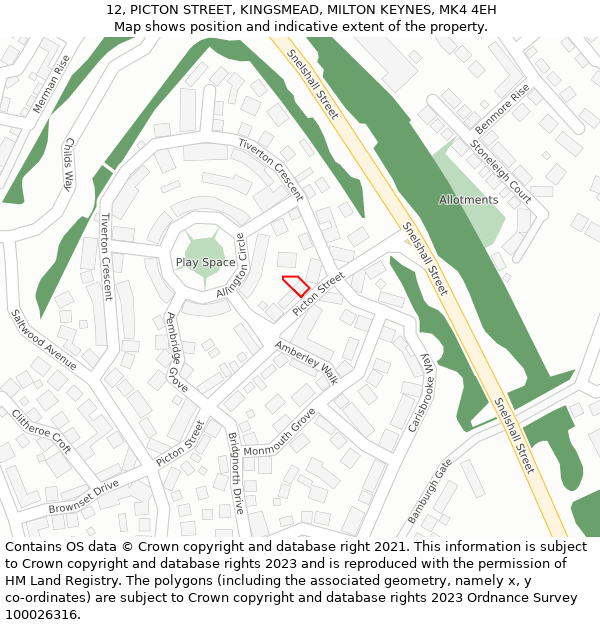 12, PICTON STREET, KINGSMEAD, MILTON KEYNES, MK4 4EH: Location map and indicative extent of plot