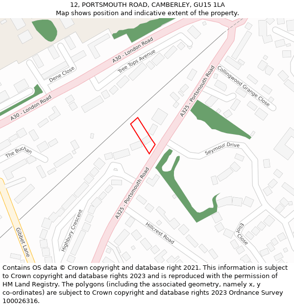 12, PORTSMOUTH ROAD, CAMBERLEY, GU15 1LA: Location map and indicative extent of plot