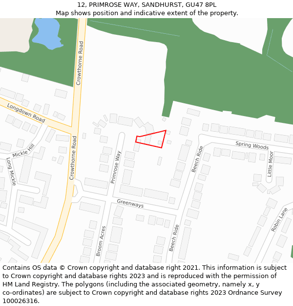 12, PRIMROSE WAY, SANDHURST, GU47 8PL: Location map and indicative extent of plot