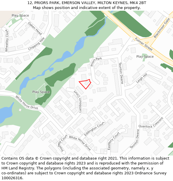 12, PRIORS PARK, EMERSON VALLEY, MILTON KEYNES, MK4 2BT: Location map and indicative extent of plot