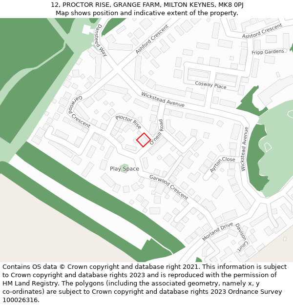 12, PROCTOR RISE, GRANGE FARM, MILTON KEYNES, MK8 0PJ: Location map and indicative extent of plot