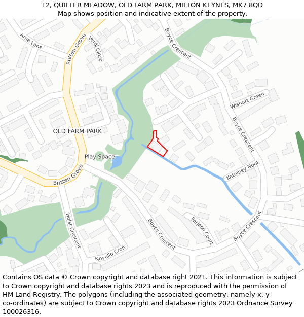 12, QUILTER MEADOW, OLD FARM PARK, MILTON KEYNES, MK7 8QD: Location map and indicative extent of plot