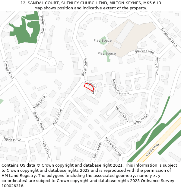 12, SANDAL COURT, SHENLEY CHURCH END, MILTON KEYNES, MK5 6HB: Location map and indicative extent of plot