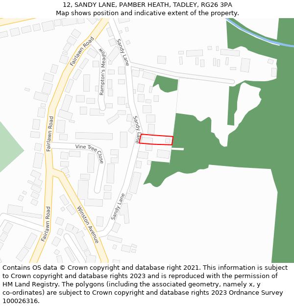 12, SANDY LANE, PAMBER HEATH, TADLEY, RG26 3PA: Location map and indicative extent of plot