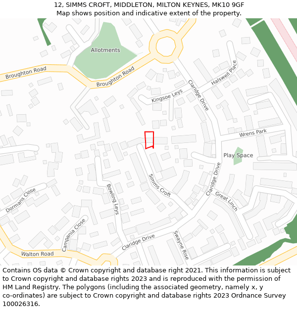 12, SIMMS CROFT, MIDDLETON, MILTON KEYNES, MK10 9GF: Location map and indicative extent of plot