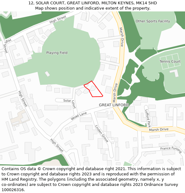 12, SOLAR COURT, GREAT LINFORD, MILTON KEYNES, MK14 5HD: Location map and indicative extent of plot