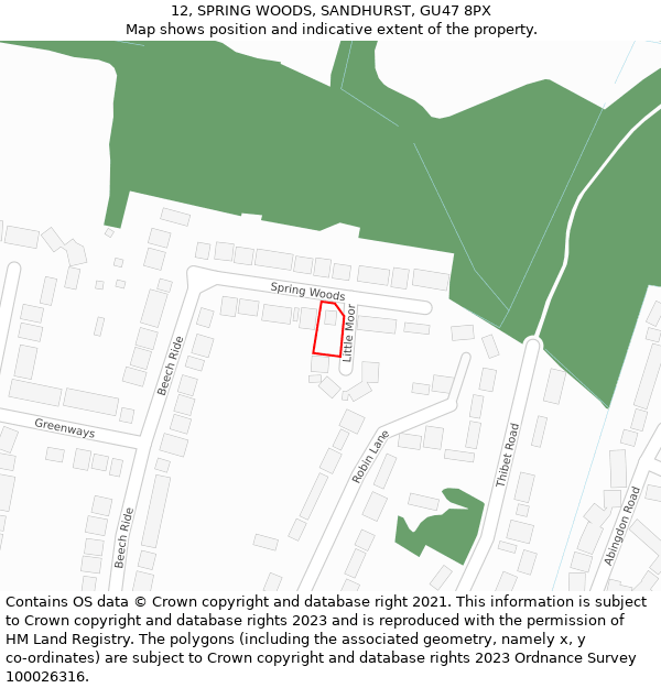12, SPRING WOODS, SANDHURST, GU47 8PX: Location map and indicative extent of plot