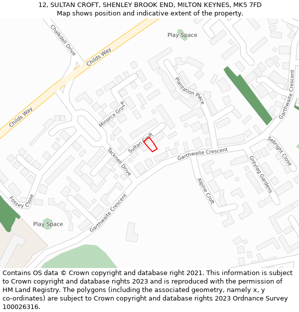 12, SULTAN CROFT, SHENLEY BROOK END, MILTON KEYNES, MK5 7FD: Location map and indicative extent of plot
