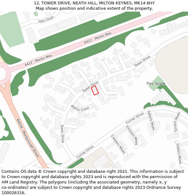 12, TOWER DRIVE, NEATH HILL, MILTON KEYNES, MK14 6HY: Location map and indicative extent of plot