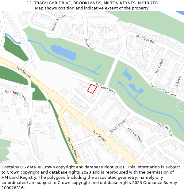 12, TRAFALGAR DRIVE, BROOKLANDS, MILTON KEYNES, MK10 7ER: Location map and indicative extent of plot