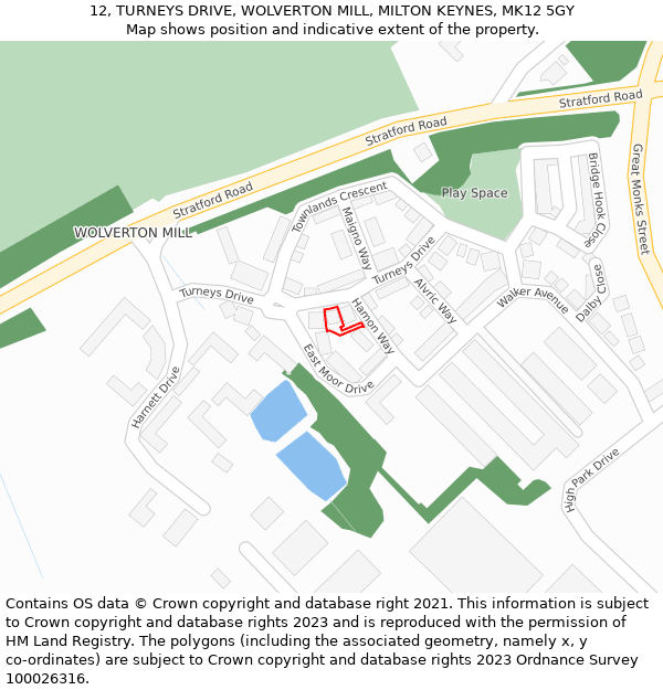12, TURNEYS DRIVE, WOLVERTON MILL, MILTON KEYNES, MK12 5GY: Location map and indicative extent of plot