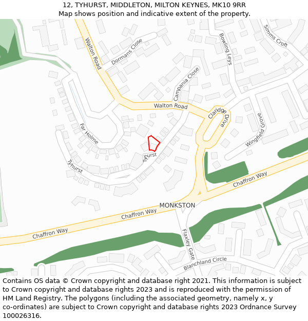 12, TYHURST, MIDDLETON, MILTON KEYNES, MK10 9RR: Location map and indicative extent of plot