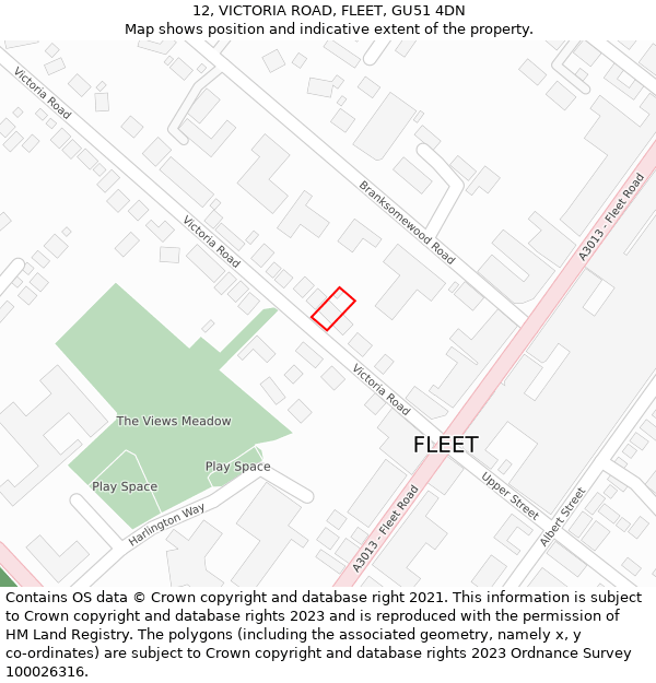 12, VICTORIA ROAD, FLEET, GU51 4DN: Location map and indicative extent of plot
