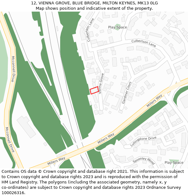 12, VIENNA GROVE, BLUE BRIDGE, MILTON KEYNES, MK13 0LG: Location map and indicative extent of plot
