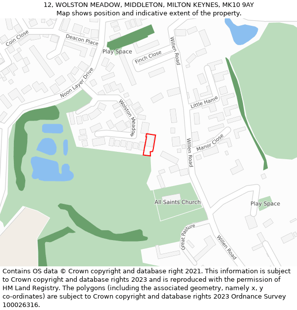 12, WOLSTON MEADOW, MIDDLETON, MILTON KEYNES, MK10 9AY: Location map and indicative extent of plot