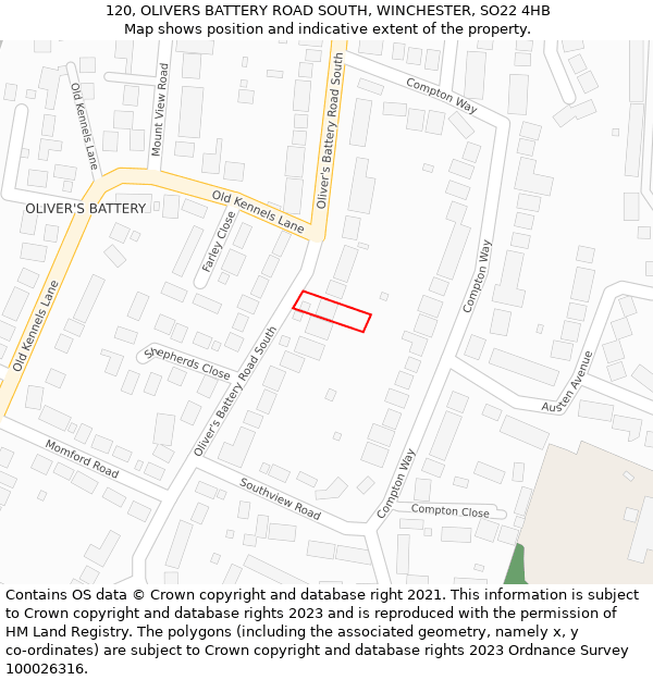 120, OLIVERS BATTERY ROAD SOUTH, WINCHESTER, SO22 4HB: Location map and indicative extent of plot