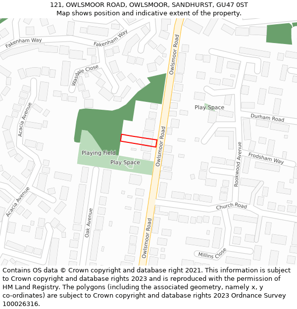 121, OWLSMOOR ROAD, OWLSMOOR, SANDHURST, GU47 0ST: Location map and indicative extent of plot