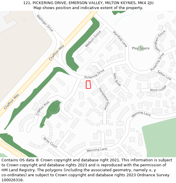 121, PICKERING DRIVE, EMERSON VALLEY, MILTON KEYNES, MK4 2JU: Location map and indicative extent of plot