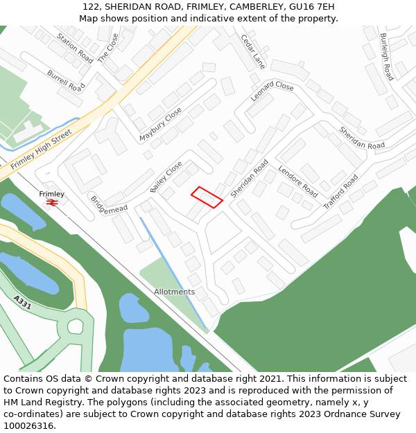 122, SHERIDAN ROAD, FRIMLEY, CAMBERLEY, GU16 7EH: Location map and indicative extent of plot