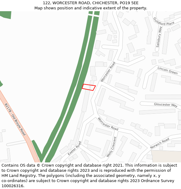 122, WORCESTER ROAD, CHICHESTER, PO19 5EE: Location map and indicative extent of plot