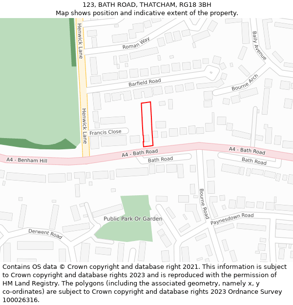 123, BATH ROAD, THATCHAM, RG18 3BH: Location map and indicative extent of plot