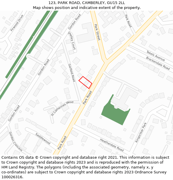 123, PARK ROAD, CAMBERLEY, GU15 2LL: Location map and indicative extent of plot