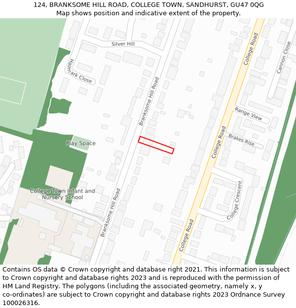 124, BRANKSOME HILL ROAD, COLLEGE TOWN, SANDHURST, GU47 0QG: Location map and indicative extent of plot