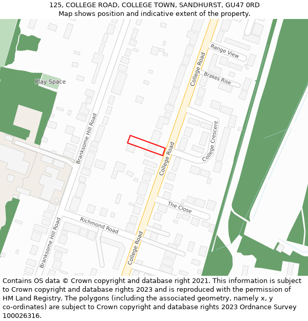125, COLLEGE ROAD, COLLEGE TOWN, SANDHURST, GU47 0RD: Location map and indicative extent of plot