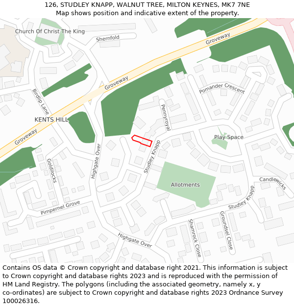 126, STUDLEY KNAPP, WALNUT TREE, MILTON KEYNES, MK7 7NE: Location map and indicative extent of plot