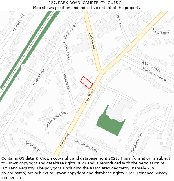 127, PARK ROAD, CAMBERLEY, GU15 2LL: Location map and indicative extent of plot