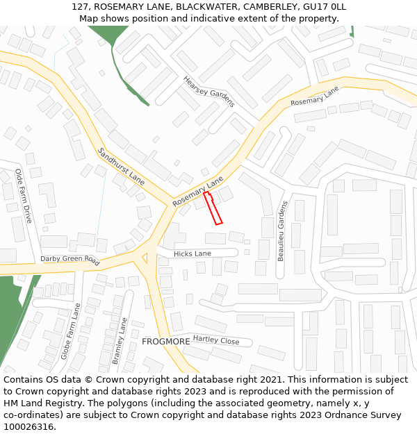 127, ROSEMARY LANE, BLACKWATER, CAMBERLEY, GU17 0LL: Location map and indicative extent of plot