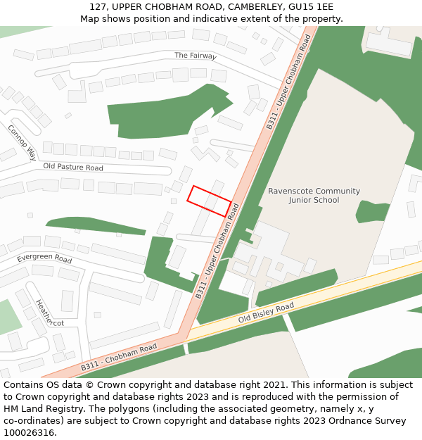127, UPPER CHOBHAM ROAD, CAMBERLEY, GU15 1EE: Location map and indicative extent of plot