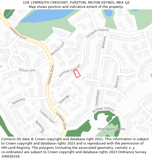 129, LYNMOUTH CRESCENT, FURZTON, MILTON KEYNES, MK4 1JZ: Location map and indicative extent of plot