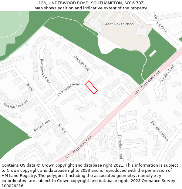 12A, UNDERWOOD ROAD, SOUTHAMPTON, SO16 7BZ: Location map and indicative extent of plot