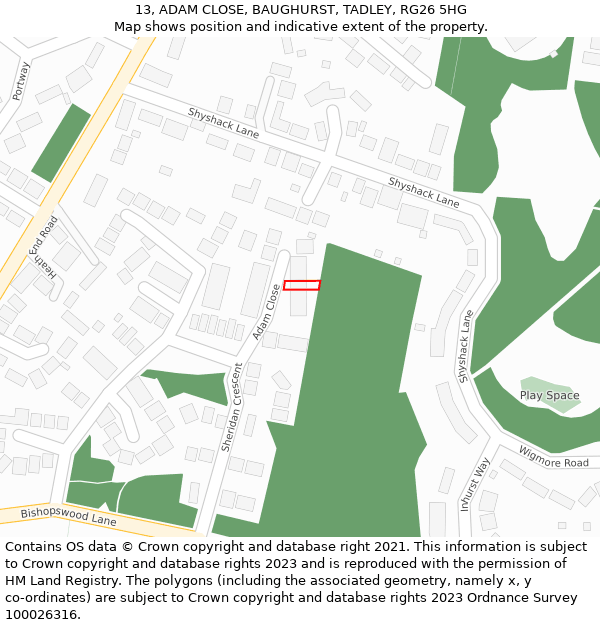13, ADAM CLOSE, BAUGHURST, TADLEY, RG26 5HG: Location map and indicative extent of plot