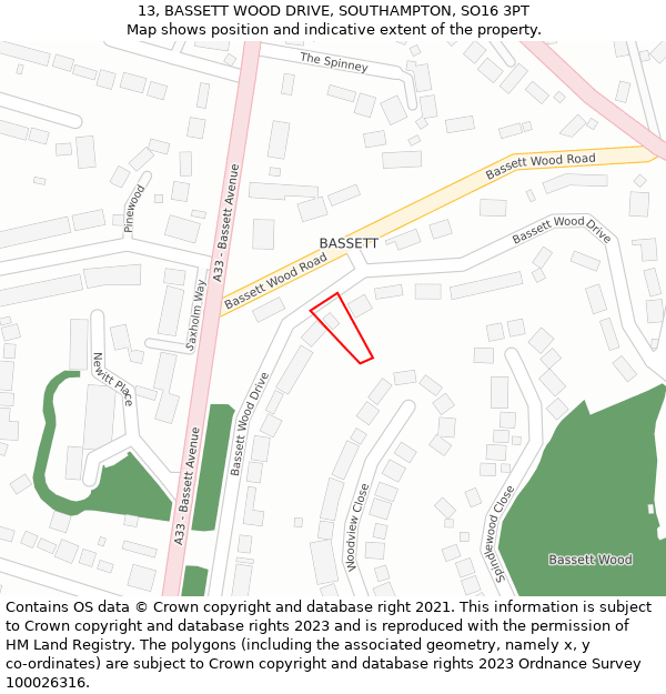 13, BASSETT WOOD DRIVE, SOUTHAMPTON, SO16 3PT: Location map and indicative extent of plot