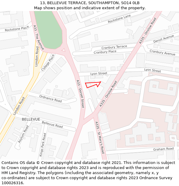 13, BELLEVUE TERRACE, SOUTHAMPTON, SO14 0LB: Location map and indicative extent of plot