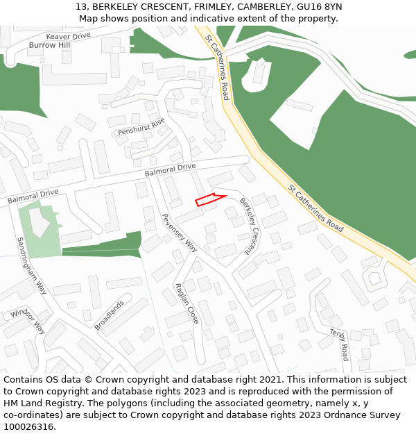 13, BERKELEY CRESCENT, FRIMLEY, CAMBERLEY, GU16 8YN: Location map and indicative extent of plot