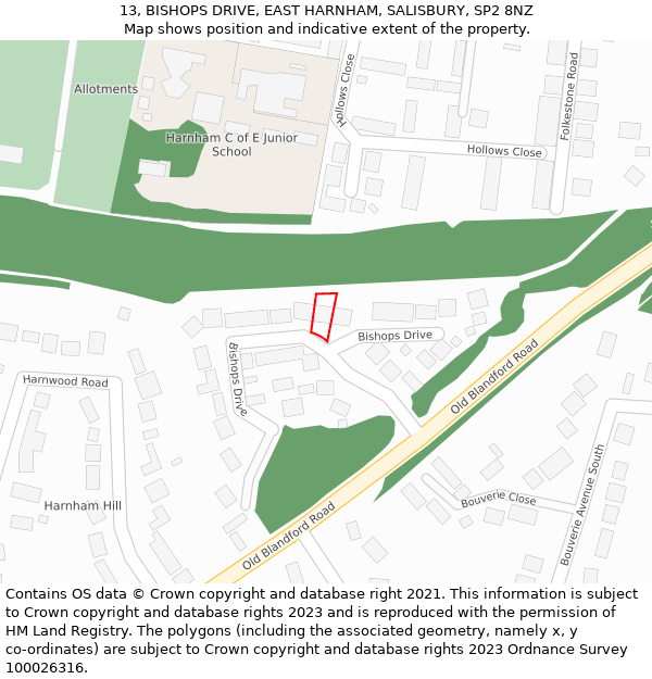 13, BISHOPS DRIVE, EAST HARNHAM, SALISBURY, SP2 8NZ: Location map and indicative extent of plot