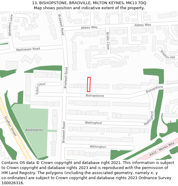 13, BISHOPSTONE, BRADVILLE, MILTON KEYNES, MK13 7DQ: Location map and indicative extent of plot