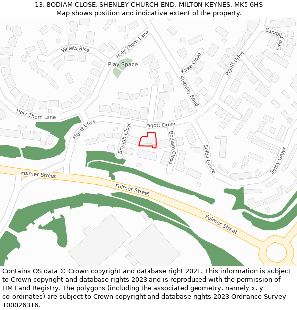 13, BODIAM CLOSE, SHENLEY CHURCH END, MILTON KEYNES, MK5 6HS: Location map and indicative extent of plot