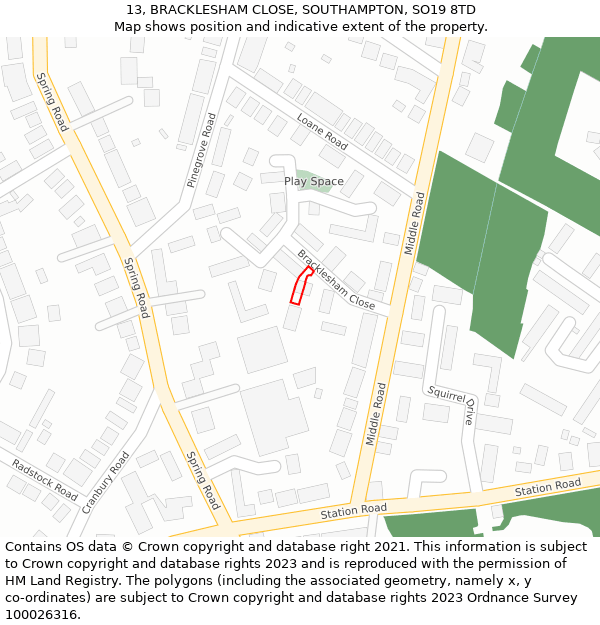 13, BRACKLESHAM CLOSE, SOUTHAMPTON, SO19 8TD: Location map and indicative extent of plot